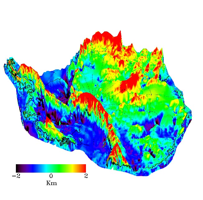 The elevation of the bed beneath the ice sheet shows rugged topography combining high mountain ranges with large areas well below sea level. (Credit: LIMA/NASA)