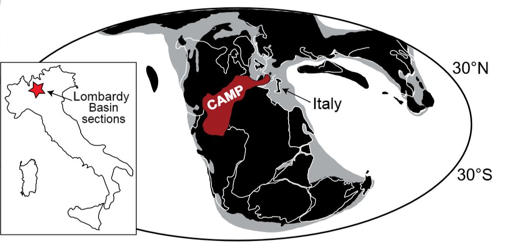 A paleographic reconstruction of around 200 million years ago of the Central Atlantic Magmatic Province CAMP. (Credit: Adam Jost)