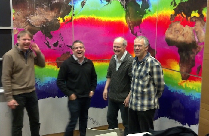 A bunch of happy ECCO modelers. From left: Martin Losch, Baylor Fox-Kemper, Chris Hill, and Dimitris Menemenlis