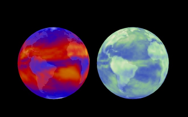 This image contrasts outgoing longwave radiation (left) and reflected shortwave solar radiation (right). Credit: NASA