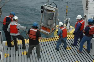 Researchers deploying the ESP to free-drift for three days of microbe sampling (credit: MBARI)