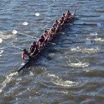 To the cheers of teammates and family on the Weeks Footbridge, the Varsity 8 row by in synch, steadily gaining on Princeton University at the Head of the Charles Regatta. Along with a four-rower boat in lightweight women’s crew, the MIT rowers are about to make program history. Left to right: Chloe Thacker (coxswain), Priya Veeraraghavan (captain), Sharon Wu (captain), Elizabeth Martin, Annika Rollock, Valerie Hunter, Michelle Lauer, Kelly Barton, and Sylvia Sarnik (Photo: Sam Hunter Magee/Arts at MIT)