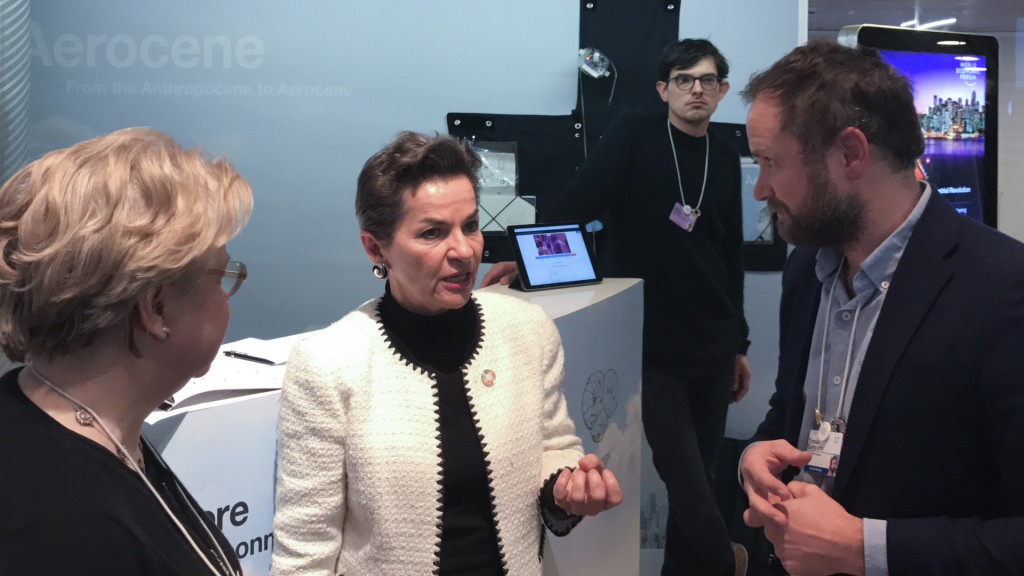 Aerocene, 2016 at the World Economic Forum Annual Meeting, Davos, Switzerland. Together with Lodovica Illari, MIT EAPS, and Nick Shapiro, PublicLab. The project is developed by Aerocene Foundation, www.aerocene.org. From left to right: Lodovica Illari, Department of Earth, Atmospheric and Planetary Sciences at the Massachusetts Institute of Technology (MIT); Executive Secretary of the UN Framework Convention on Climate Change (UNFCCC), Christiana Figureres; Tomás Saraceno. (Credit: © Photography by Studio Tomás Saraceno, 2017)