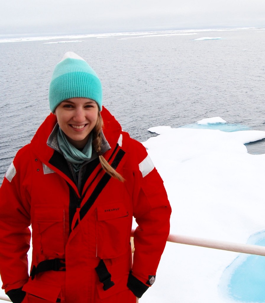 MIT-WHOI graduate student Lauren Kipp wearing a “mustang” suit on an Arctic GEOTRACES cruise, on the USGCC (US Coast Guard Cutter) Healy in the Arctic Ocean, as they entered the zone of ice coverage. (Photo: Erin Black, MIT-WHOI Joint Program student)