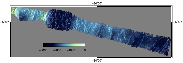 A preliminary bathymetry map. The dark band near the upper left is the axial valley of the Mid-Atlantic Ridge.