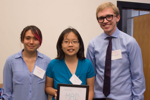 The winning team, named A Salt Solution, won $10,000 for a prototype of a simple, low-cost hydrogel that can be incorporated into water desalination plants or placed directly into bodies of water to collect uranium. The team members are: (left to right) Jasmine Harris, Cynthia Lo, and William “Robin” Lindemann. (Photo: Tara Fadenrecht/DMSE)